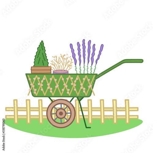 Decorative cart with plants on lawn. Colorful hand drawn art. Vector illustration isolated on white background.