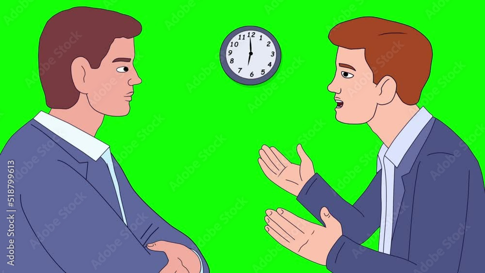 Animation of two businessmen having a discussion and with a clock showing the rapid passage of time Animation of two businessmen having a discussion and with a clock showing the rapid passage of time