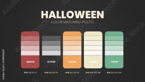 Halloween theme color palettes or color schemes are trends combinations and palette guides this year, a table color shades in RGB or HEX. A color swatch for a spring fashion, home, or interior design