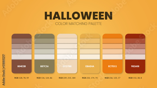Halloween theme color palettes or color schemes are trends combinations and palette guides this year, a table color shades in RGB or HEX. A color swatch for a spring fashion, home, or interior design