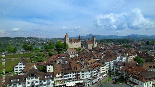 Rapperswil - Jona - scenic medieval town and castle in lake Zurich, aerial drone viedeo. Switzerland travel and landmarks
 photo