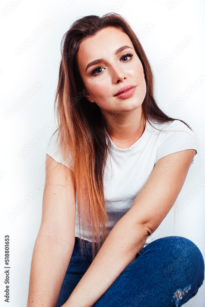 young pretty stylish blond girl posing emotional isolated on white background happy smiling cool smile, lifestyle people concept young pretty stylish blond girl posing emotional isolated on white background happy smiling cool smile, lifestyle people concept
