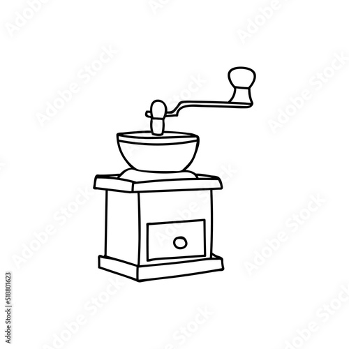 Classic coffee grinder in woden case. Coffee grinder illustration doodle in vector. Hand drawn coffee grinder illustration in vector.