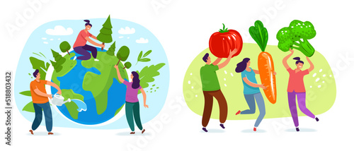 Ecology and environmental protection illustrations set. People and nature, organic food concept. Flat vector