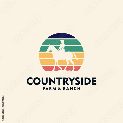 Rodeo retro logo with cowboy horse rider silhouette