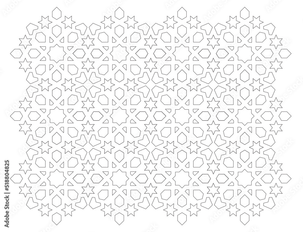 2D CAD drawing of Islamic geometric pattern. Islamic patterns use elements of geometry that are repeated in their designs. The pattern is drawn in black and white. 