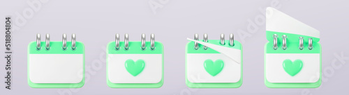 3d green calendar with heart icons isolated. Render of daily wedding event schedule planner, valentine's day, birthday. Menstrual calendar control women cycle. 3d cartoon simple vector illustration.