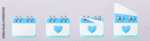 3d blue calendar with heart icons isolated. Render of daily wedding event schedule planner, valentine's day, birthday. Menstrual calendar for control women cycle. 3d cartoon simple vector illustration