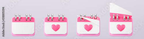 3d pink calendar with heart icons isolated. Render of daily wedding event schedule planner, valentine's day, birthday. Menstrual calendar for control women cycle. 3d cartoon simple vector illustration