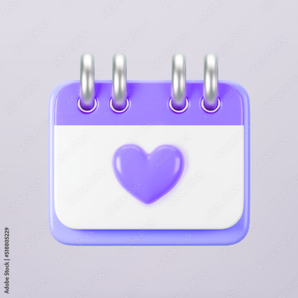 3d purple calendar with heart icon isolated. Render of daily wedding event schedule planner, valentine's day, birthday. Menstrual calendar control women cycle. 3d cartoon simple vector illustration 3d purple calendar with heart icon isolated. Render of daily wedding event schedule planner, valentine's day, birthday. Menstrual calendar control women cycle. 3d cartoon simple vector illustration