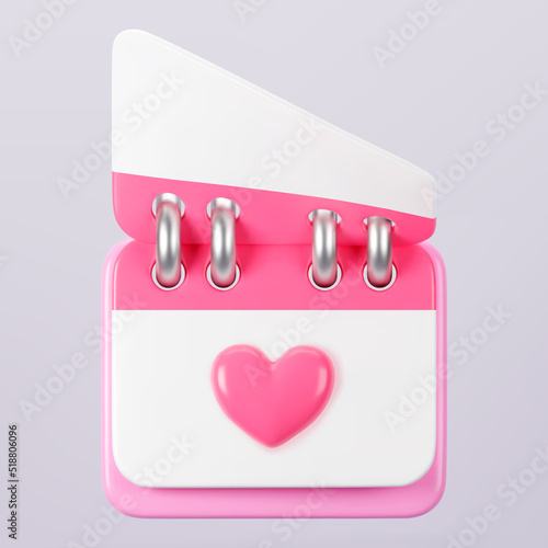 3d pink calendar with heart icon isolated. Render of daily wedding event schedule planner, valentine's day, birthday. Menstrual calendar for control women cycle. 3d cartoon simple vector illustration