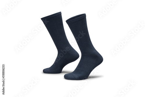 Pair of blue cotton socks isolated on white. Set of short socks for sports as mock up and label for advertising, logo, branding.