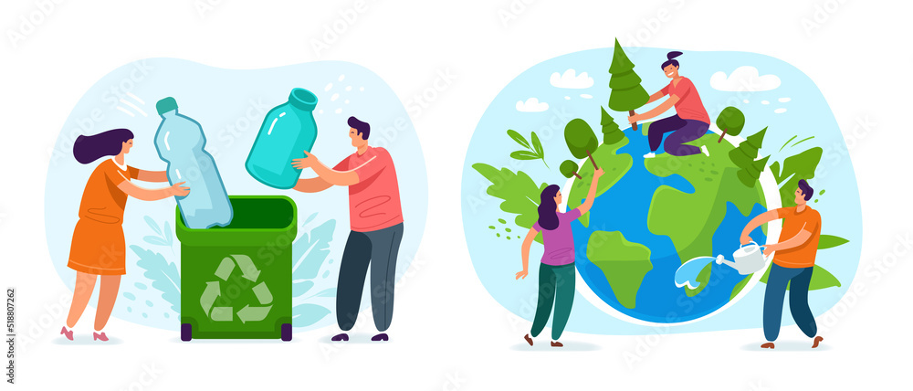 People save green Planet environment. Earth Day, Nature ecology protection concept. Colored flat illustration vector People save green Planet environment. Earth Day, Nature ecology protection concept. Colored flat illustration vector