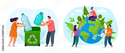 People save green Planet environment. Earth Day, Nature ecology protection concept. Colored flat illustration vector
