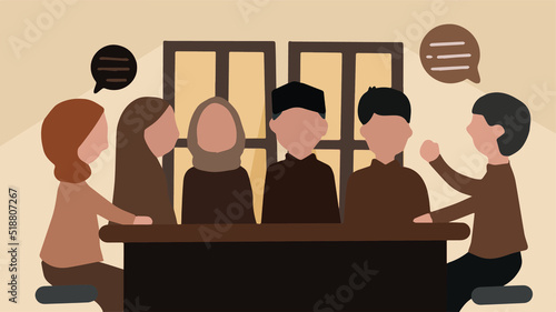 Flat muslim business team meeting scene vector illustration set