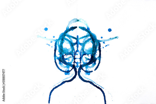 Ink blot test - Rorschach test used in Psychoanalysis. Symmetric patterns of granulated blue ink isolated against white background