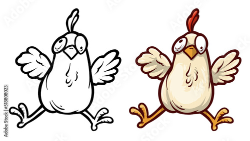 Cartoon funny cute hand drawn standing crazy chicken. Vector colorful sketch isolated on white background.