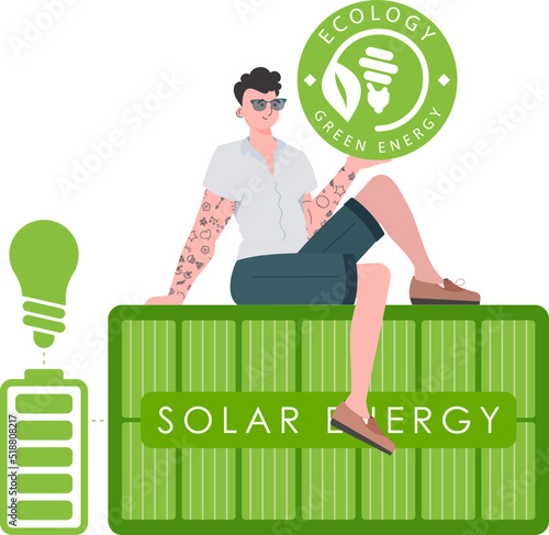 A man sits on a solar panel and holds the ECO logo in his hands. The concept of green energy and ecology. Isolated on white background. Vector trend illustration.