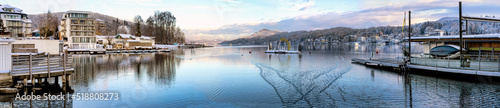 Velden, Lake Wörthersee, Austria. Panorama of Wörthersee in Velden with floating Christmas crib on the lake