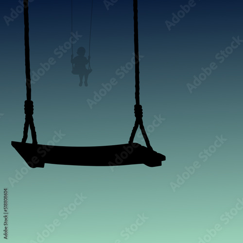 Missing child concept design stock illustration on depressed background. An empty swing and light shadow of a little girl swinging as symbols of baby despair caused by family violence.