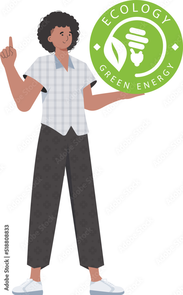 The guy holds the ECO logo in his hands. The character is depicted in full growth. The concept of green energy and ecology. Isolated on white background. Fashionable, trendy style. Vector.