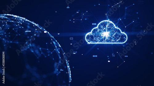 Wallpaper Mural Cloud and edge computing technology concepts. Interconnected polygons within a large cloud icon stand out on the right, an abstract world on the left, and a small icon on a dark blue background. Torontodigital.ca