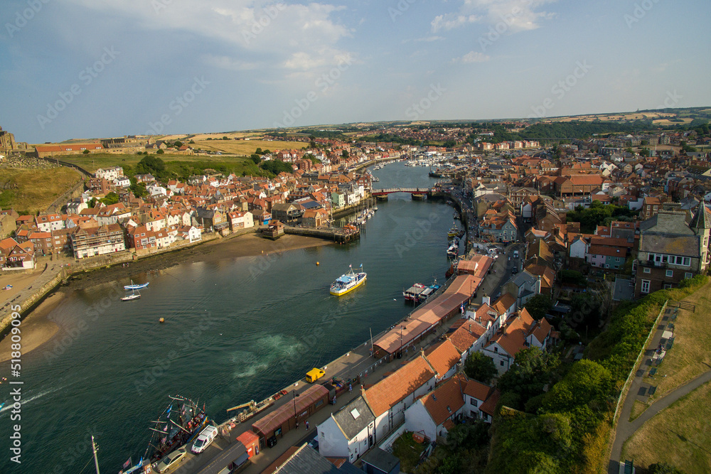 aerial view of Whitby, North Yorkshire seaside town  resort and fishing port 
