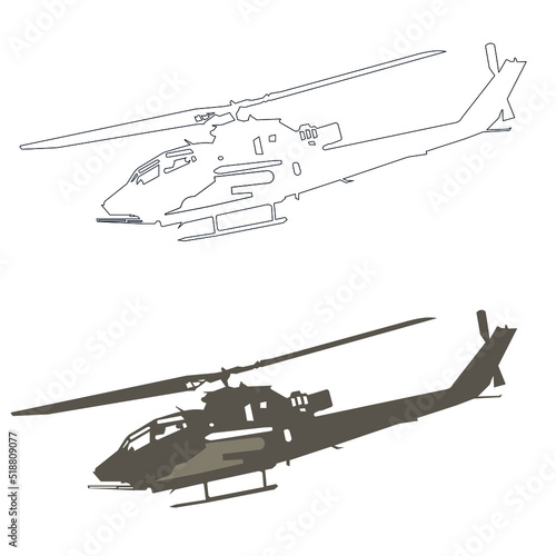 military helicopter vector illustration, Helicopter silhouette in black vector, Attack helicopter side view isolated
