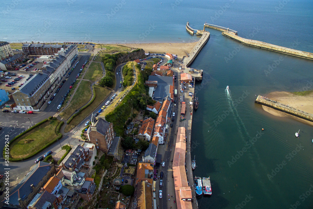 aerial view of Whitby, Yorkshire seaside town  resort and fishing port 
