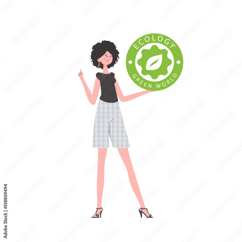 The girl holds the ECO logo in her hands. The character is depicted in full growth. The concept of green energy and ecology. Isolated on white background. Vector trend illustration. The girl holds the ECO logo in her hands. The character is depicted in full growth. The concept of green energy and ecology. Isolated on white background. Vector trend illustration.