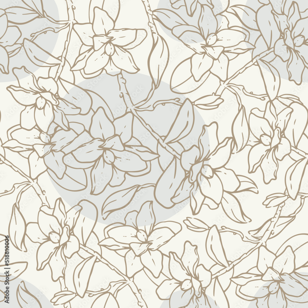 Fototapeta premium Elegant hand drawn seamless pattern. Vector illustration, botanical outline drawing. Blooming lilies, graphic artwork. Pastel colors. Beige background and blue circles Design for fabric, floral print