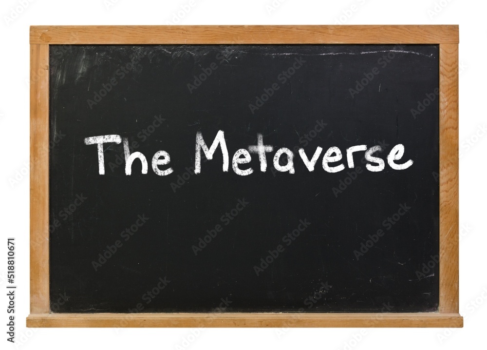 The Metaverse written in white chalk on a black chalkboard isolated on white The Metaverse written in white chalk on a black chalkboard isolated on white