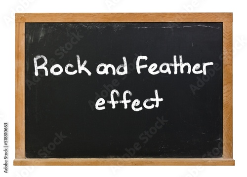 Rock and feather effect written in white chalk on a black chalkboard isolated on white