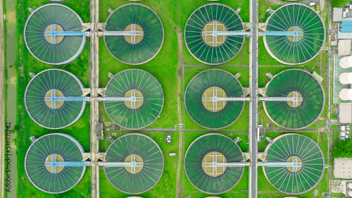 aerial view sewage treatment plant near downtown 
