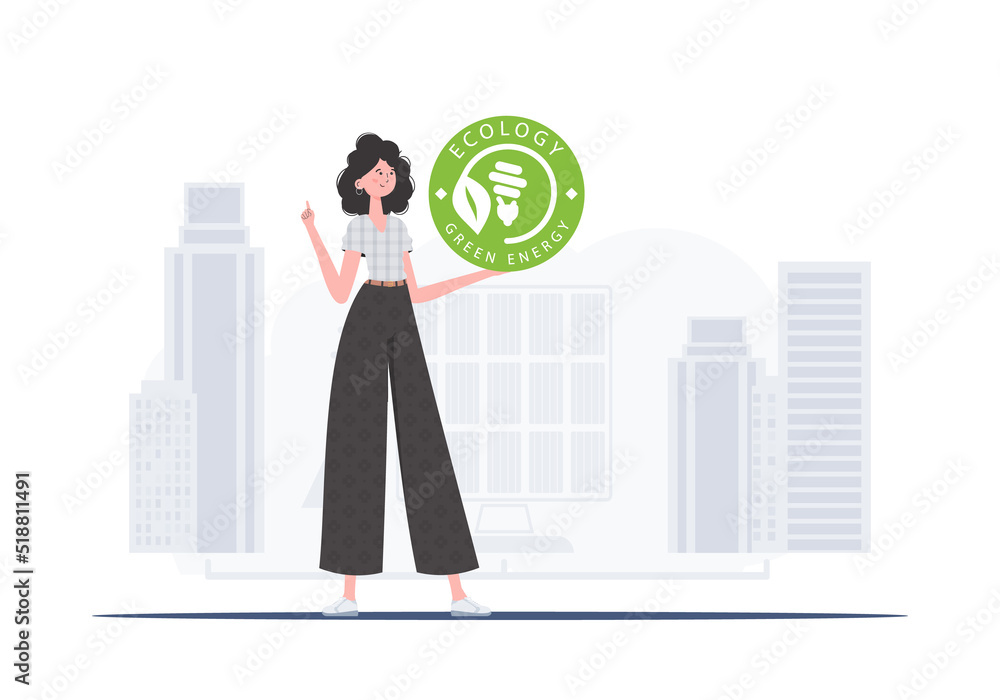 The concept of green energy and ecology. The girl holds the ECO logo in her hands. Fashionable, trendy style. Vector. The concept of green energy and ecology. The girl holds the ECO logo in her hands. Fashionable, trendy style. Vector.