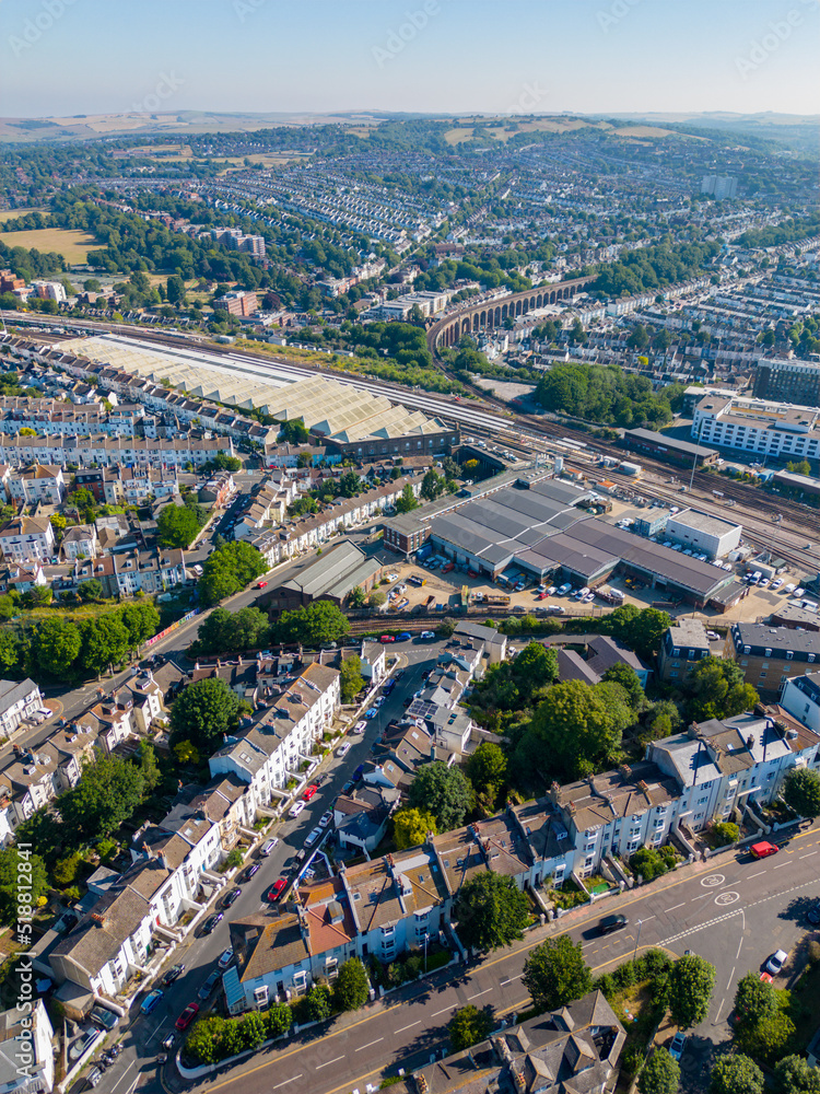 Brighton train depot UK vertical aerial photo