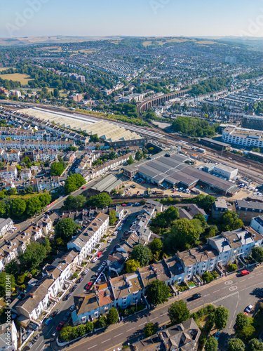 Brighton train depot UK vertical aerial photo