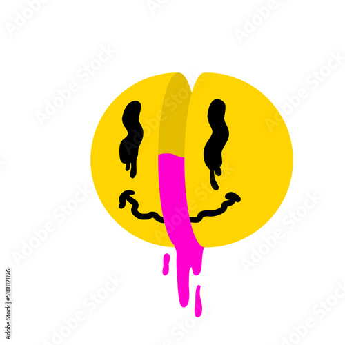 Acid smile face. Retro symbol of rave and techno. Melted trippy character. Comic funky yellow sticker.