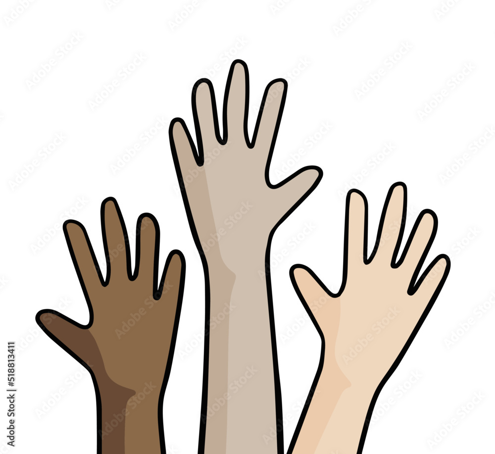 Hands of people with different skin colors. Palms up. Concept of friendship