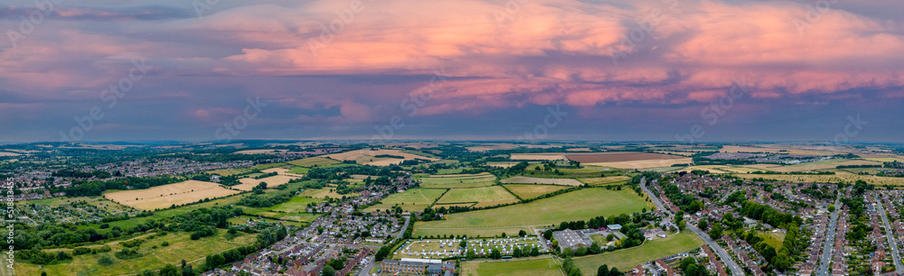 Aerial panorama photo Salisbury UK with beautiful dramatic sky