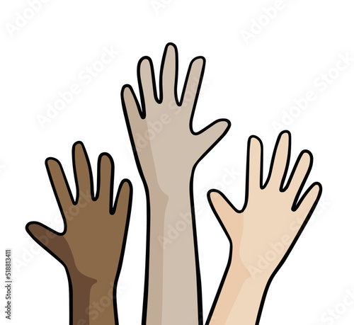 Hands of people with different skin colors. Palms up. Concept of friendship