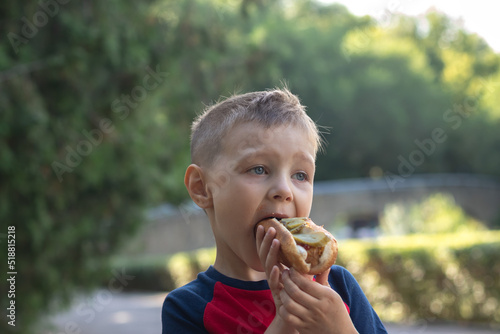 boy eating hot dog in the park