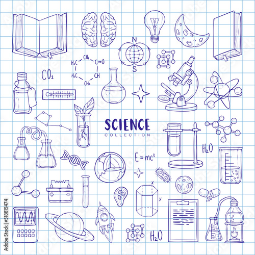 Vector science set. Hand drawing elements by blue ballpen on study notepad. Chemistry, astrology, biology, physic, medicine. Research and education elements. Isolated. Back to school set supples.