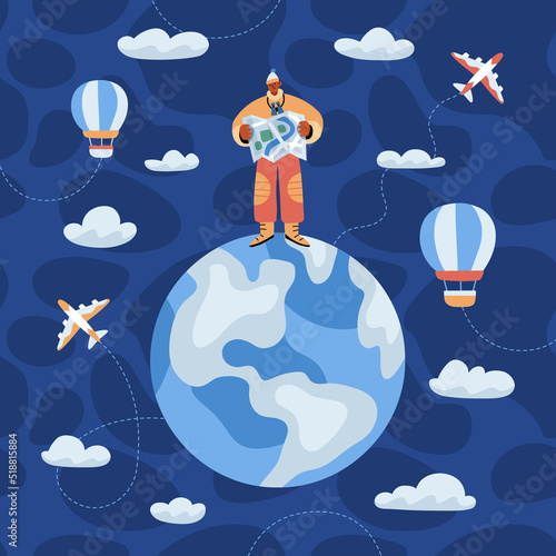 Vector illustration of travelling character with map standing on the globe, sky, clouds, balloons and planes around. Tourism day photo