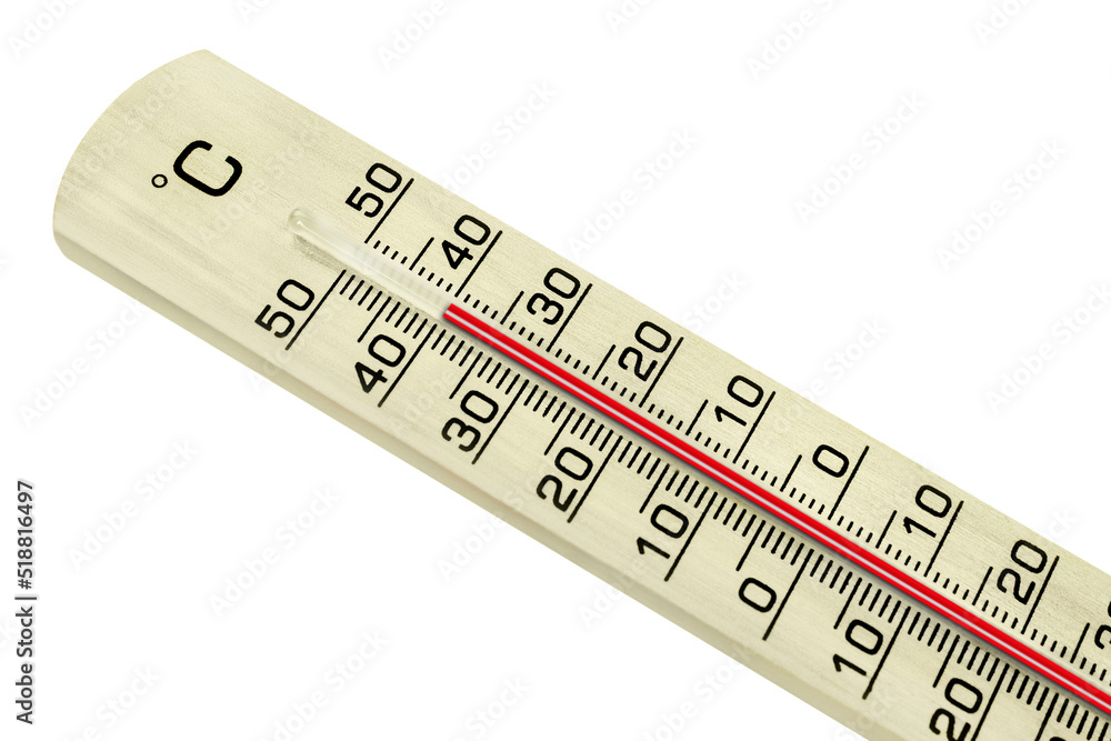 Thermometer aus Holz und Temperatur 40 Grad Celsius auf weissem Hintergrund Thermometer aus Holz und Temperatur 40 Grad Celsius auf weissem Hintergrund
