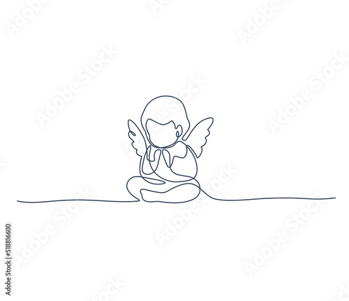 Angel. Continuous line art drawing. Vector illustration for interior, t shirt print, stamp, engraving, packaging, card.  On a festive, cheerful and sad occasion
