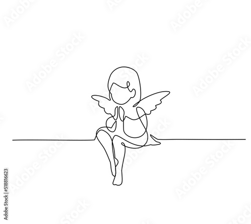 Angel. Continuous line art drawing. Vector illustration for interior, t shirt print, stamp, engraving, packaging, card.  On a festive, cheerful and sad occasion