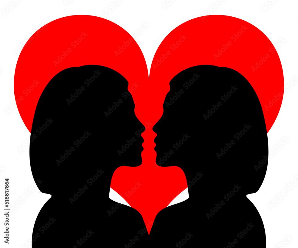 Love Kissing Female Couple Heart Design With Woman Women Girl Girls Silhouette Love Kissing Female Couple Heart Design With Woman Women Girl Girls Silhouette