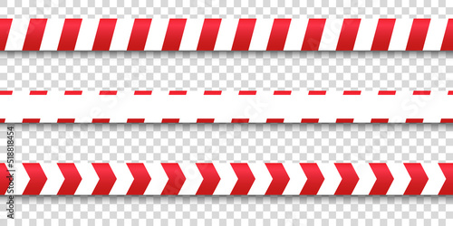 Caution, set of red warning tapes. White and red striped line. Warning tape set, red warning stripes, danger symbol, arrows, red with white. Vector illustration