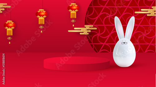 Platform and podium for presentations. Festive Christmas background, ceramic hare, hanging lanterns, traditional patterns. Happy new year of the rabbit.
